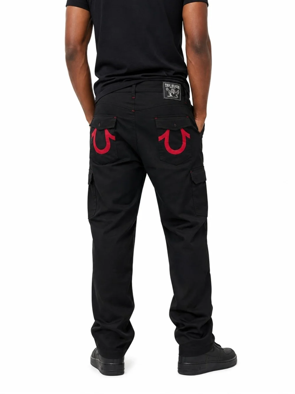 True Religion Men’s Black Cargo Pants with Red Back Pocket Logo